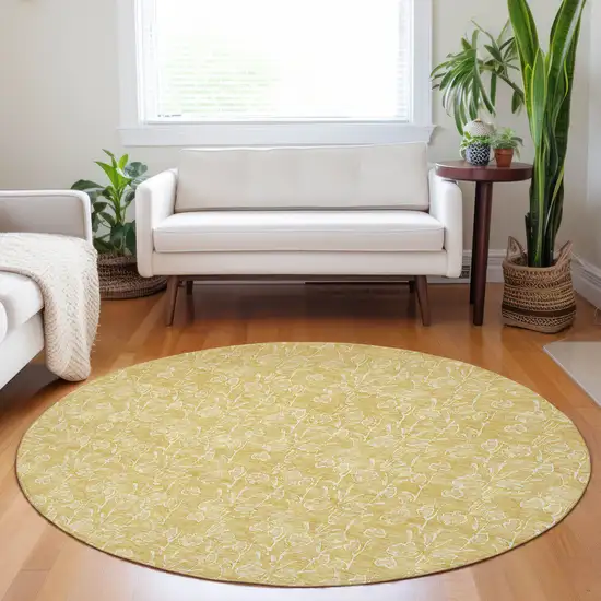 8' Gold And Ivory Round Floral Washable Indoor Outdoor Area Rug Photo 7