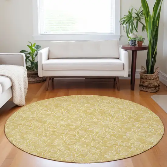 8' Gold And Ivory Round Floral Washable Indoor Outdoor Area Rug Photo 7