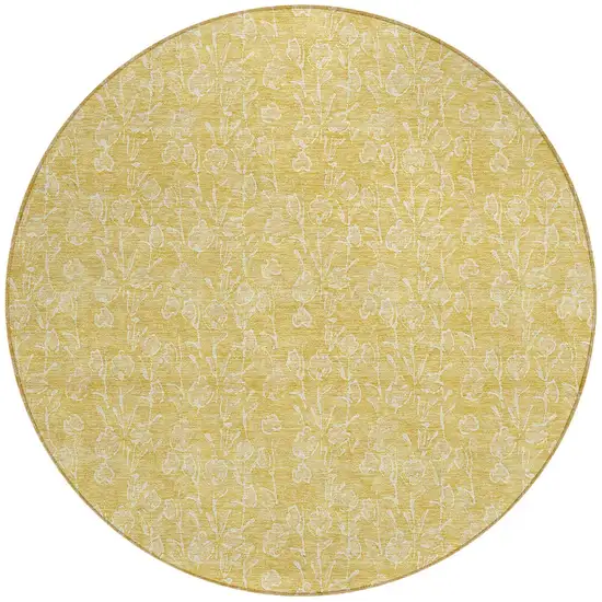 8' Gold And Ivory Round Floral Washable Indoor Outdoor Area Rug Photo 5