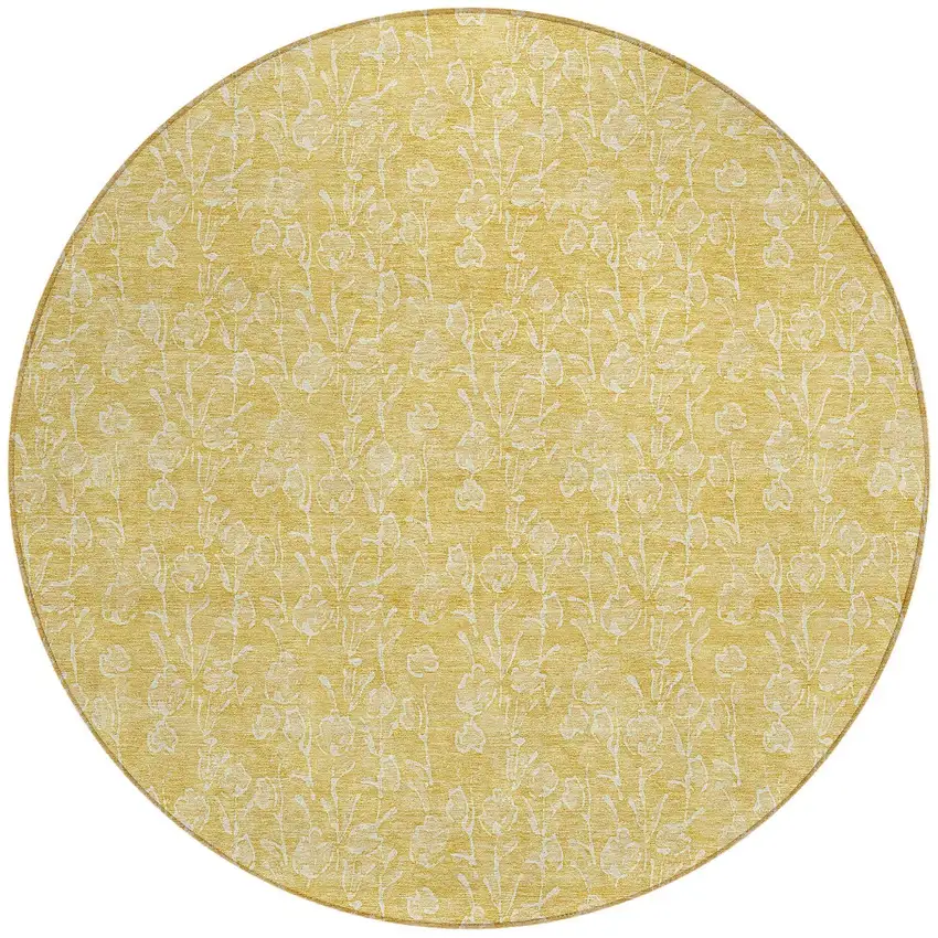 8' Gold And Ivory Round Floral Washable Indoor Outdoor Area Rug Photo 5