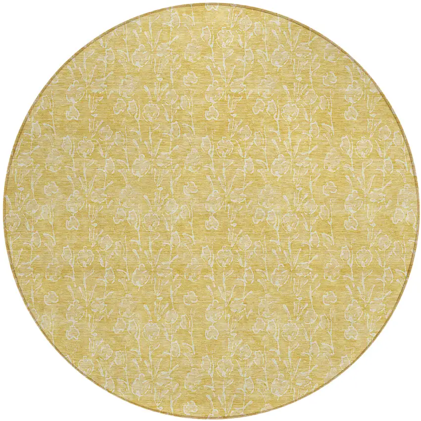8' Gold And Ivory Round Floral Washable Indoor Outdoor Area Rug Photo 2