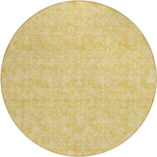 8' Gold And Ivory Round Floral Washable Indoor Outdoor Area Rug Photo 2