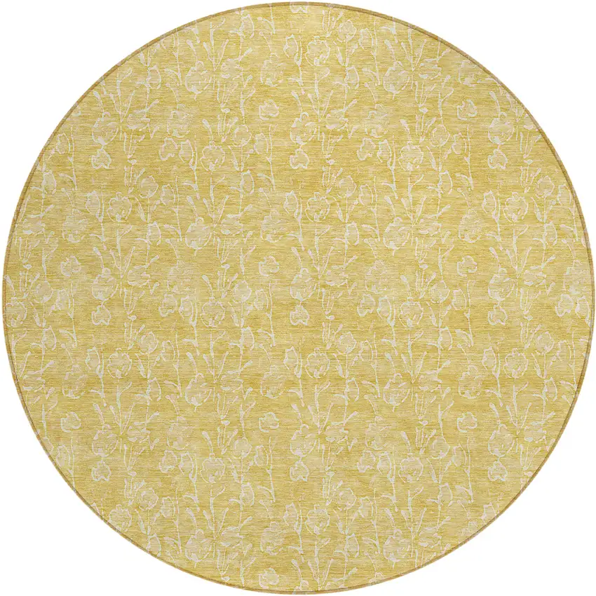 8' Gold And Ivory Round Floral Washable Indoor Outdoor Area Rug Photo 2