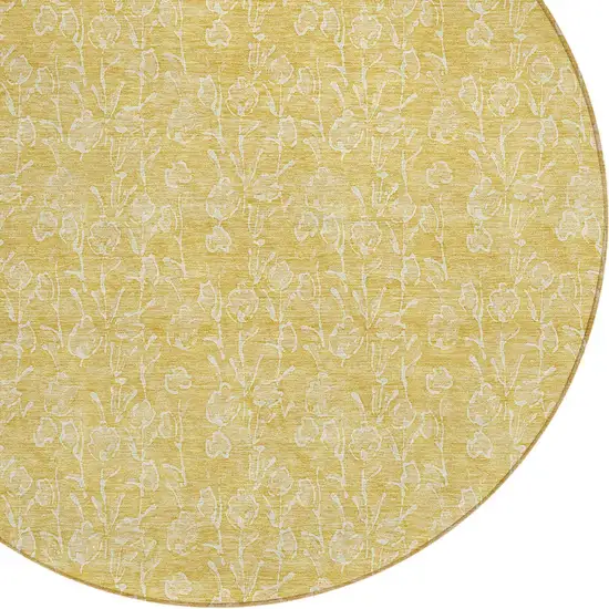 8' Gold And Ivory Round Floral Washable Indoor Outdoor Area Rug Photo 4