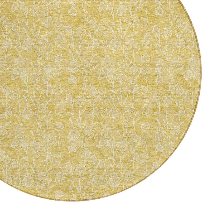 8' Gold And Ivory Round Floral Washable Indoor Outdoor Area Rug Photo 4
