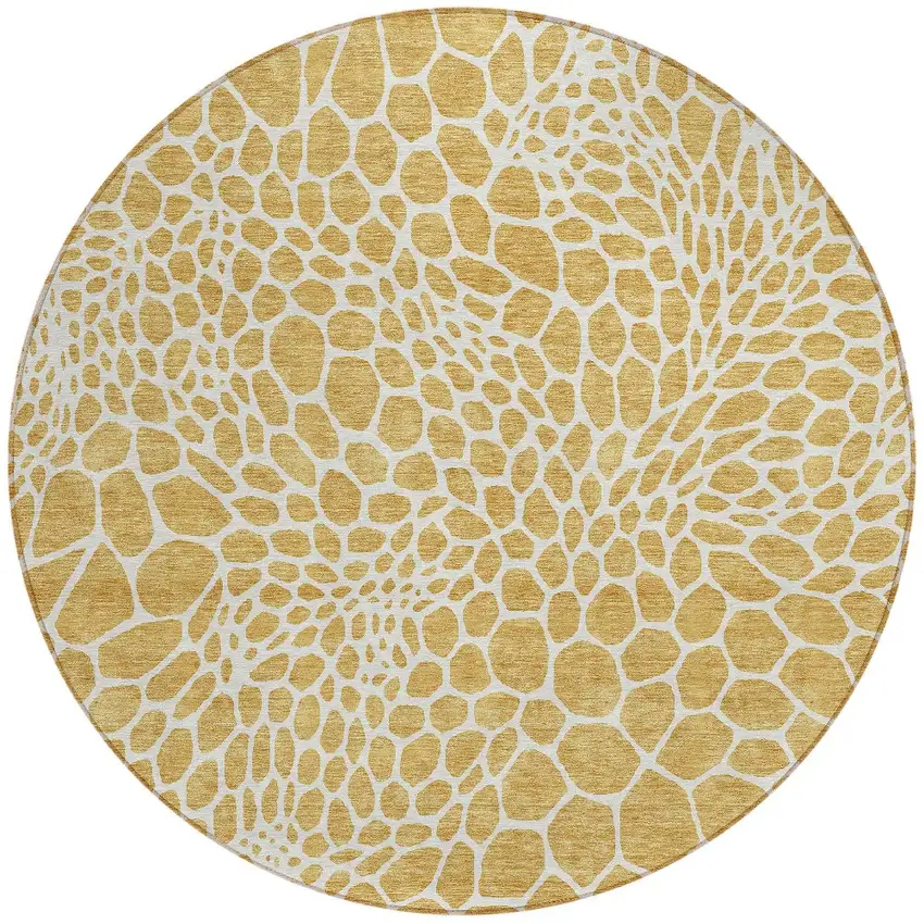 8' Gold And Ivory Round Geometric Washable Indoor Outdoor Area Rug Photo 6
