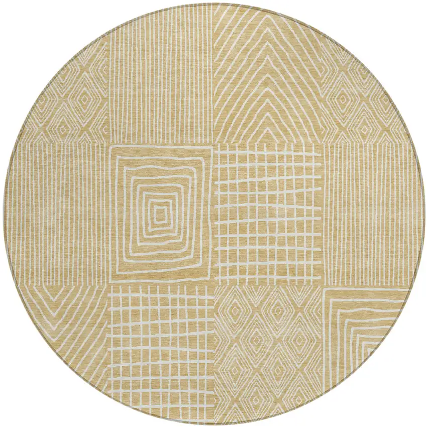 8' Gold And Ivory Round Geometric Washable Indoor Outdoor Area Rug Photo 2
