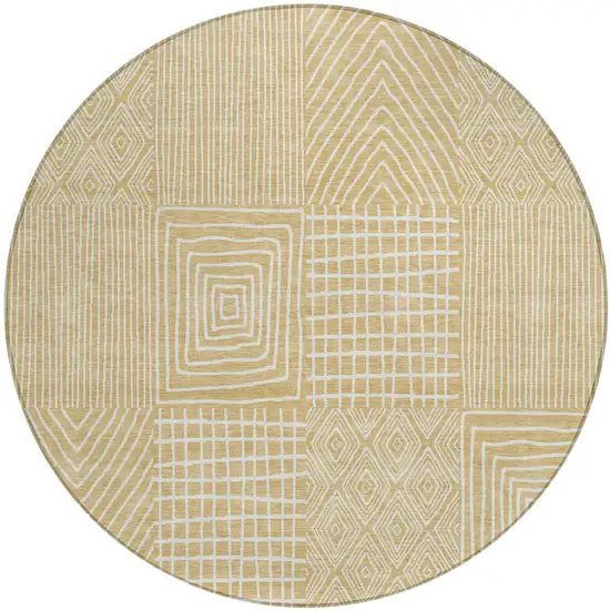 8' Gold And Ivory Round Geometric Washable Indoor Outdoor Area Rug Photo 2