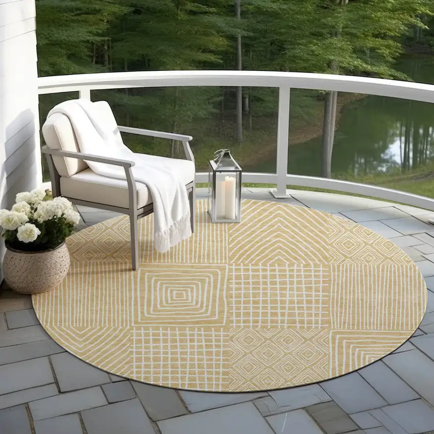 8' Gold And Ivory Round Geometric Washable Indoor Outdoor Area Rug Photo 7