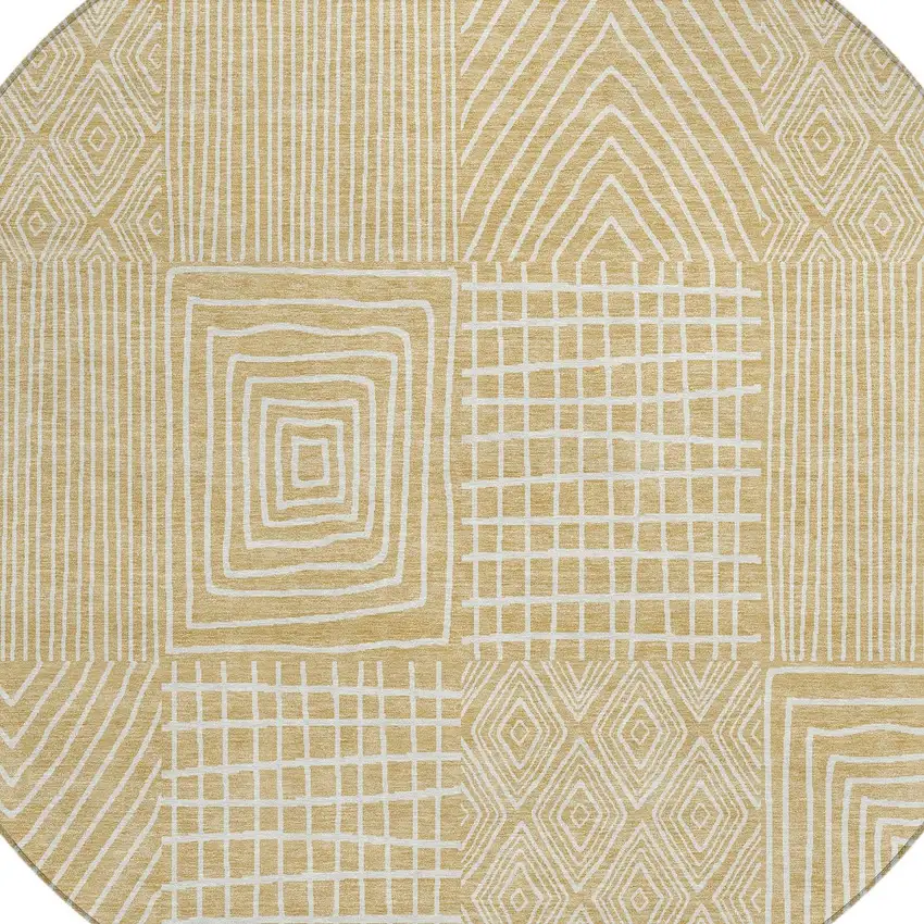 8' Gold And Ivory Round Geometric Washable Indoor Outdoor Area Rug Photo 5