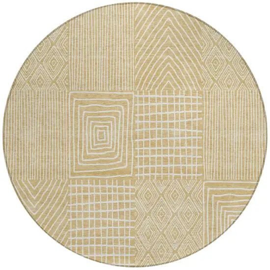 8' Gold And Ivory Round Geometric Washable Indoor Outdoor Area Rug Photo 6