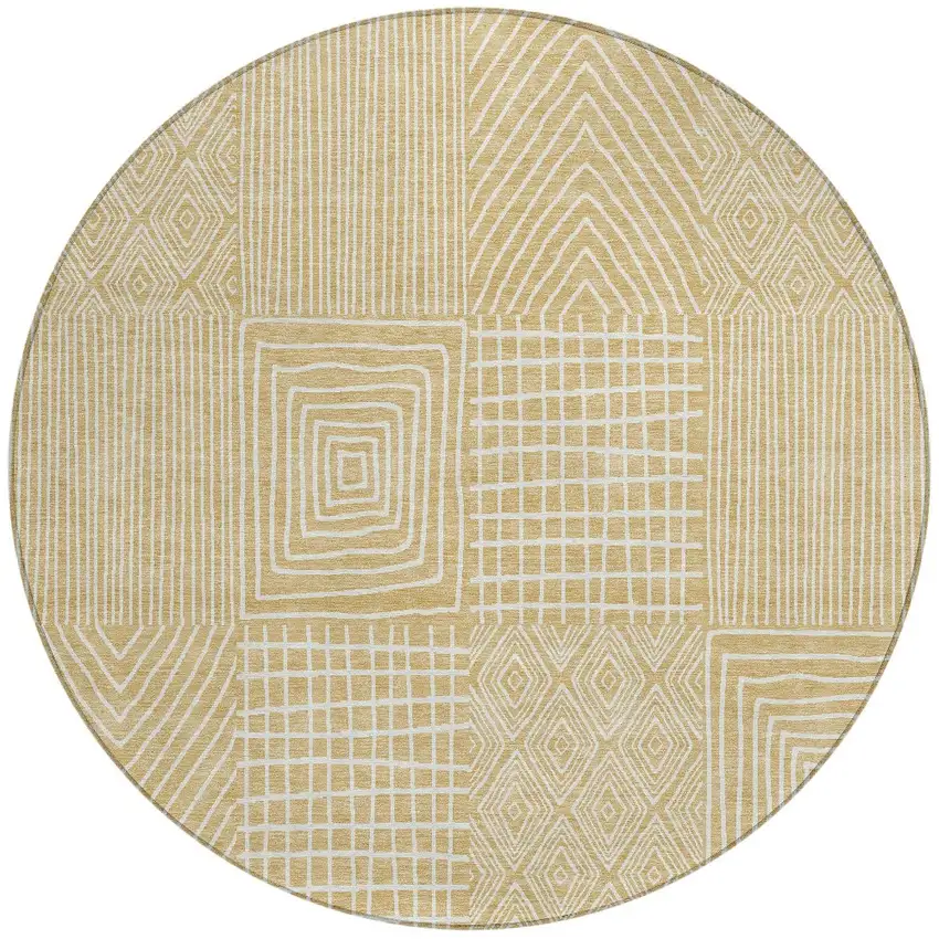 8' Gold And Ivory Round Geometric Washable Indoor Outdoor Area Rug Photo 6