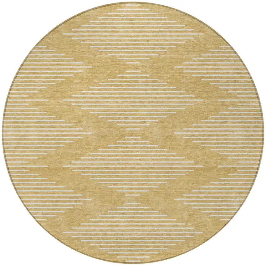 8' Gold And Ivory Round Geometric Washable Indoor Outdoor Area Rug Photo 5
