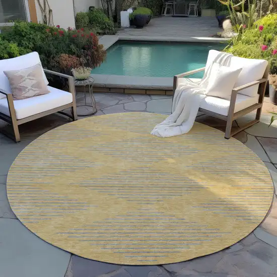 8' Gold And Ivory Round Geometric Washable Indoor Outdoor Area Rug Photo 6
