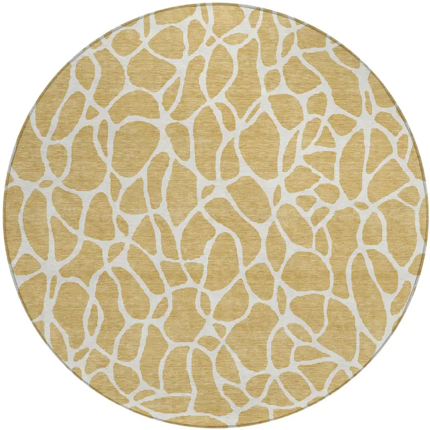 8' Gold And Ivory Round Geometric Washable Indoor Outdoor Area Rug Photo 2