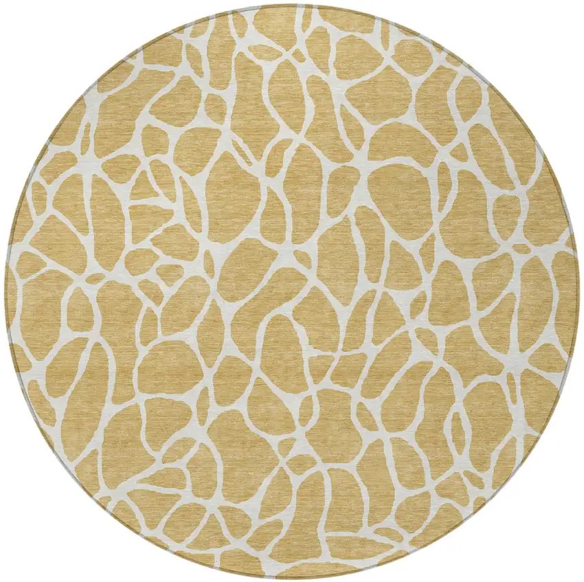 8' Gold And Ivory Round Geometric Washable Indoor Outdoor Area Rug Photo 5
