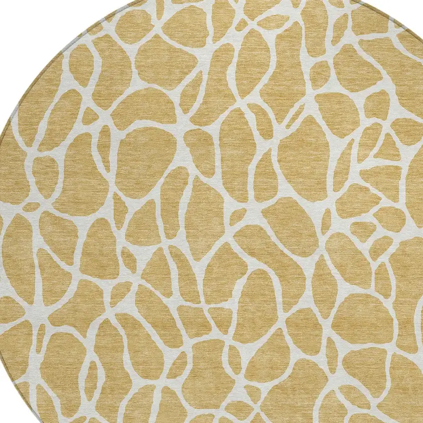 8' Gold And Ivory Round Geometric Washable Indoor Outdoor Area Rug Photo 4