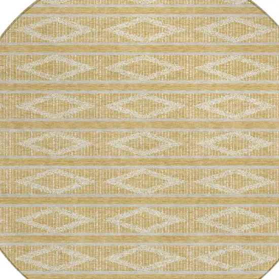 8' Gold And Ivory Round Geometric Washable Indoor Outdoor Area Rug Photo 4