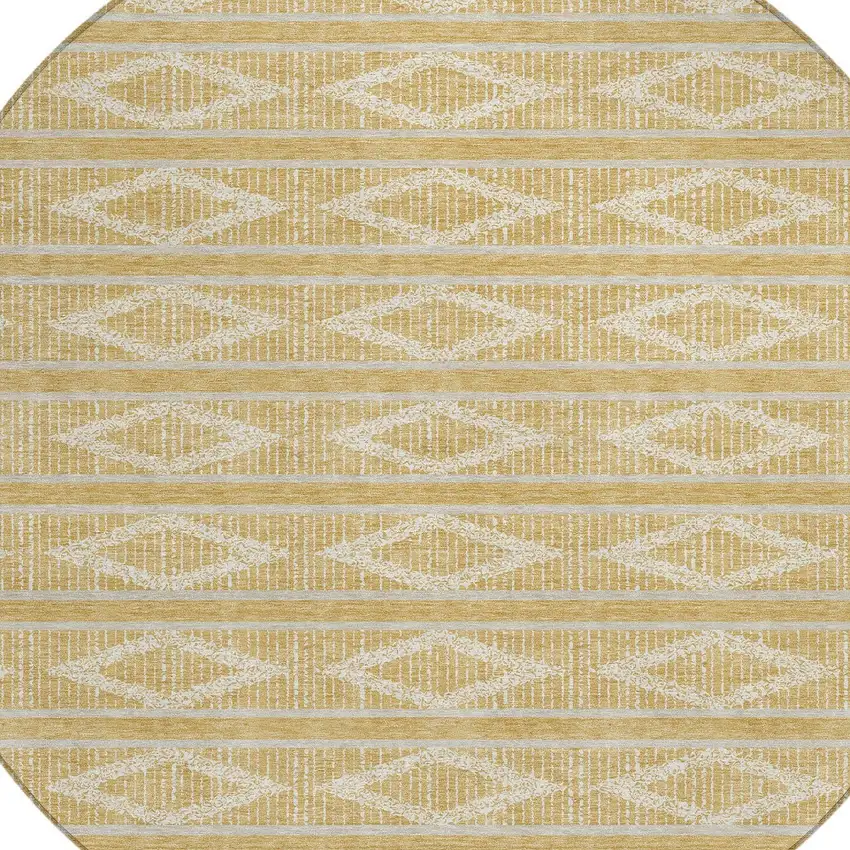 8' Gold And Ivory Round Geometric Washable Indoor Outdoor Area Rug Photo 4