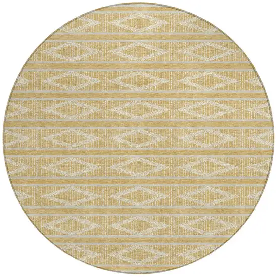 8' Gold And Ivory Round Geometric Washable Indoor Outdoor Area Rug Photo 5