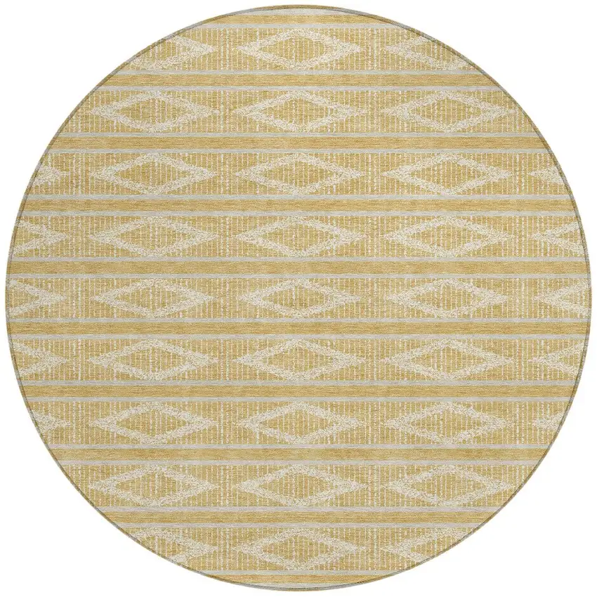 8' Gold And Ivory Round Geometric Washable Indoor Outdoor Area Rug Photo 5