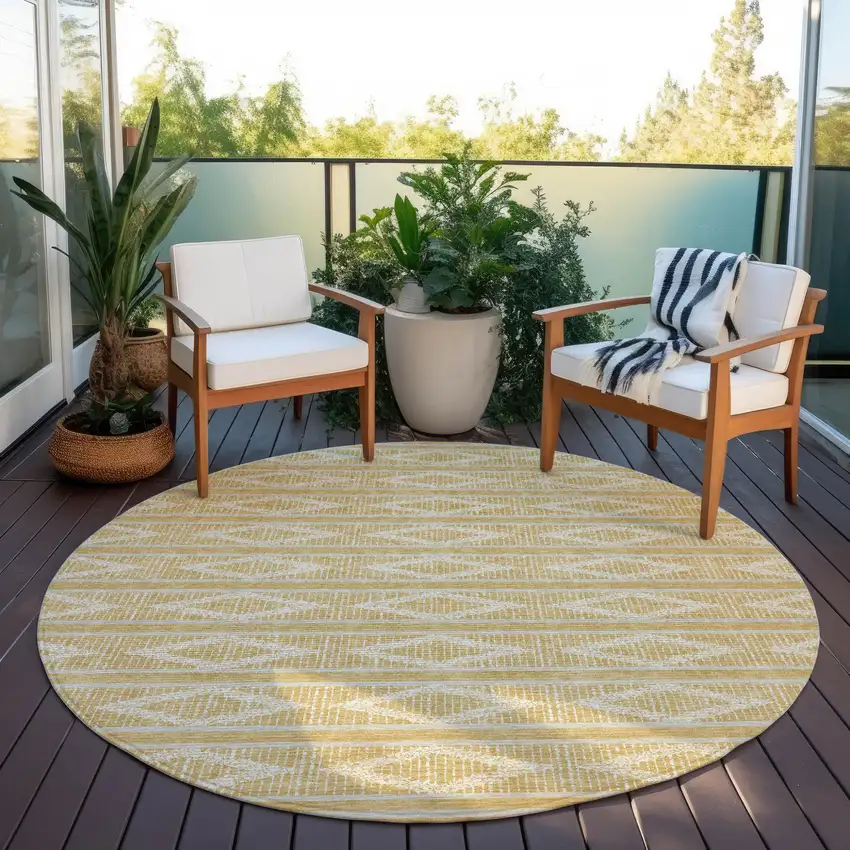 8' Gold And Ivory Round Geometric Washable Indoor Outdoor Area Rug Photo 6