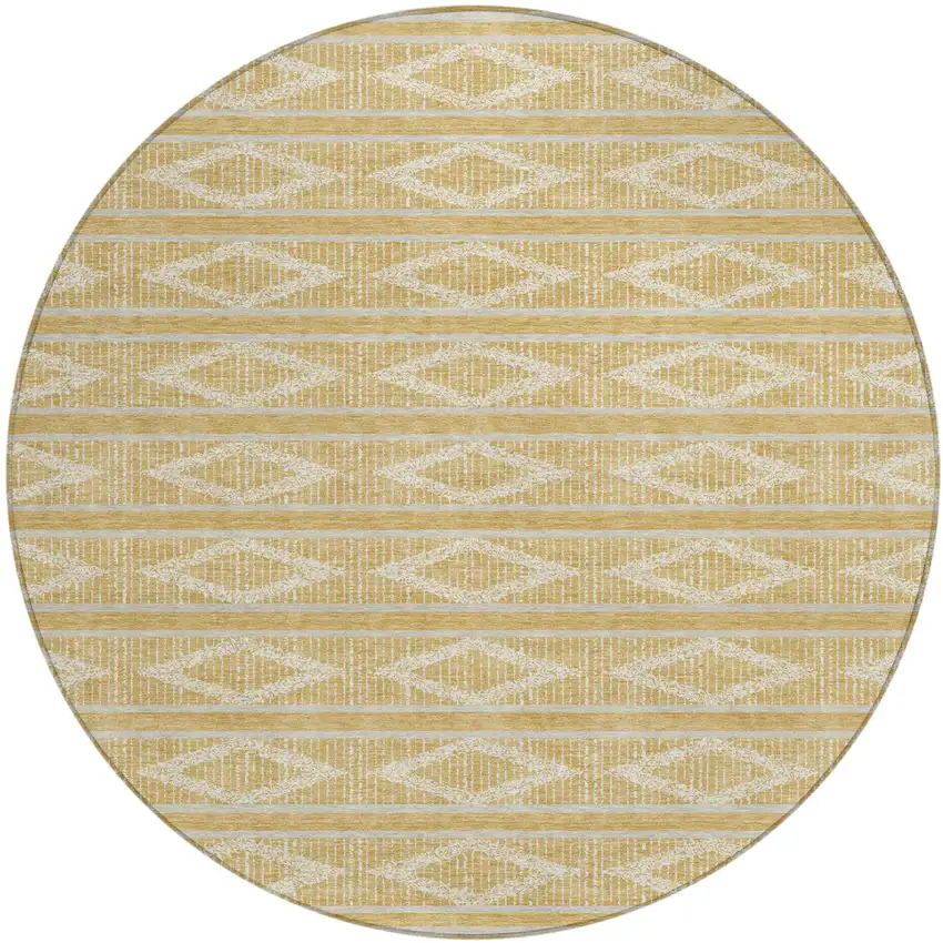 8' Gold And Ivory Round Geometric Washable Indoor Outdoor Area Rug Photo 2