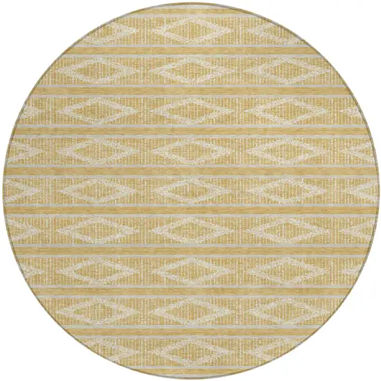 8' Gold And Ivory Round Geometric Washable Indoor Outdoor Area Rug Photo 2