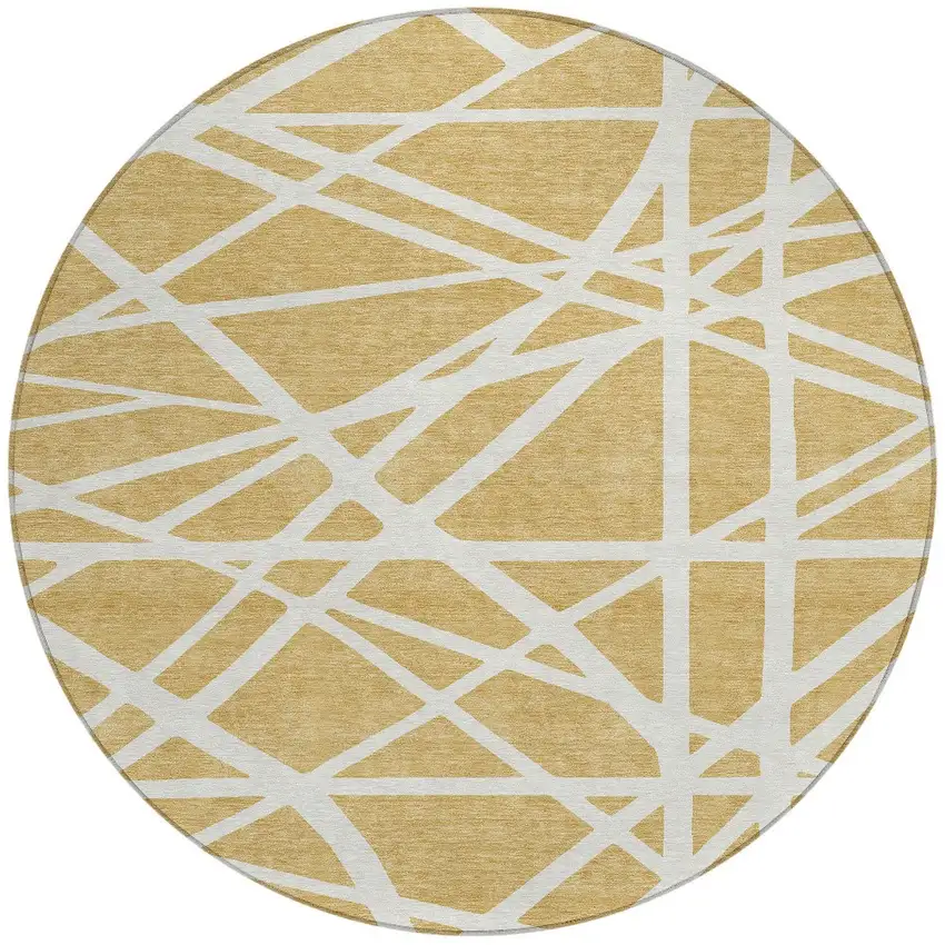 8' Gold And Ivory Round Geometric Washable Indoor Outdoor Area Rug Photo 5