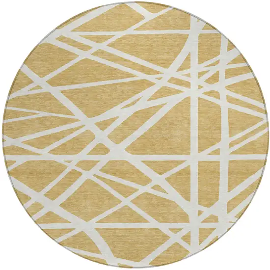 8' Gold And Ivory Round Geometric Washable Indoor Outdoor Area Rug Photo 2