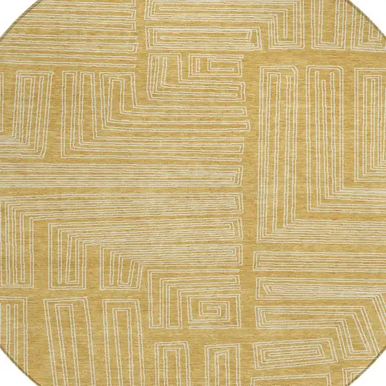 8' Gold And Ivory Round Geometric Washable Indoor Outdoor Area Rug Photo 5