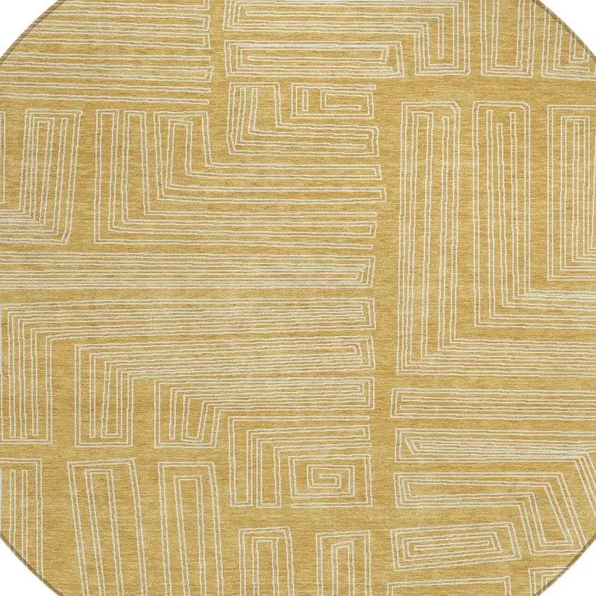 8' Gold And Ivory Round Geometric Washable Indoor Outdoor Area Rug Photo 5
