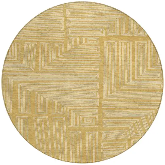 8' Gold And Ivory Round Geometric Washable Indoor Outdoor Area Rug Photo 6