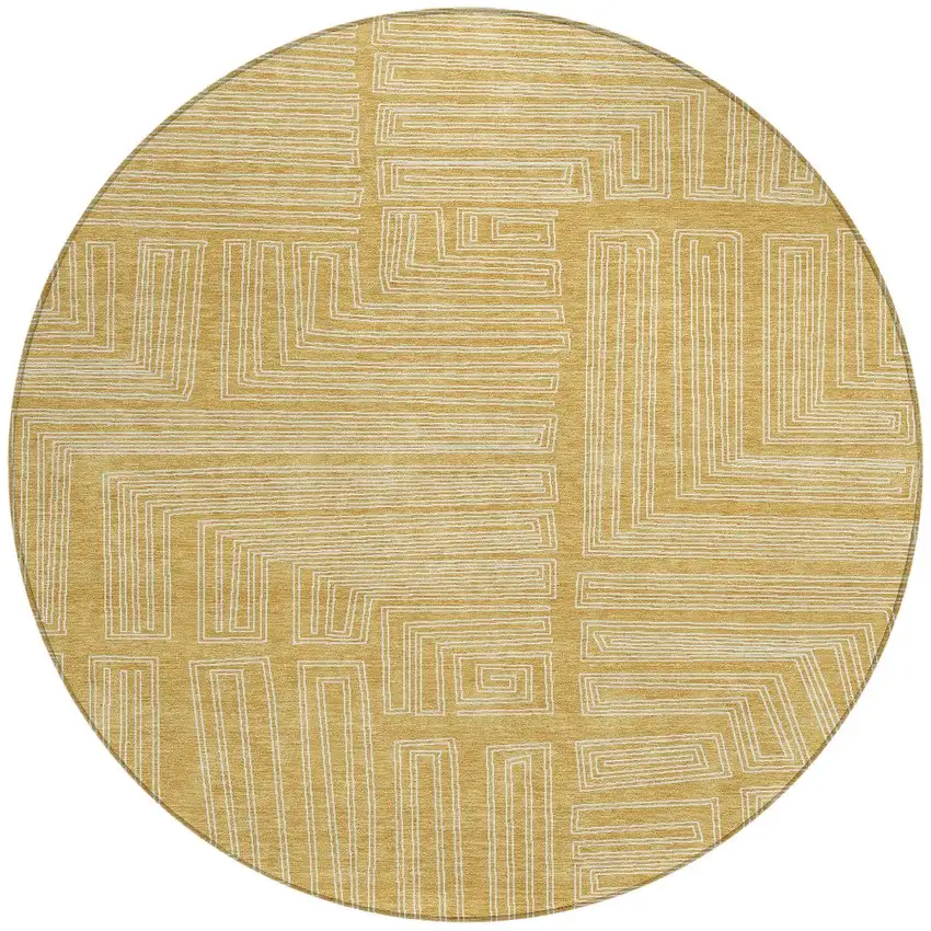 8' Gold And Ivory Round Geometric Washable Indoor Outdoor Area Rug Photo 6