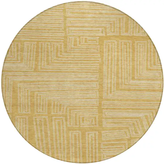 8' Gold And Ivory Round Geometric Washable Indoor Outdoor Area Rug Photo 2