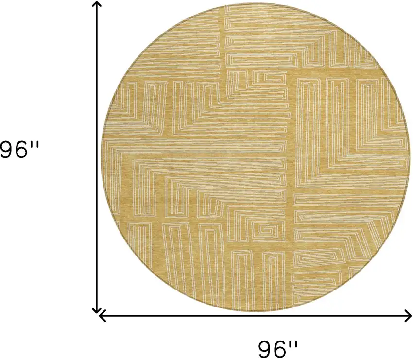 8' Gold And Ivory Round Geometric Washable Indoor Outdoor Area Rug Photo 9