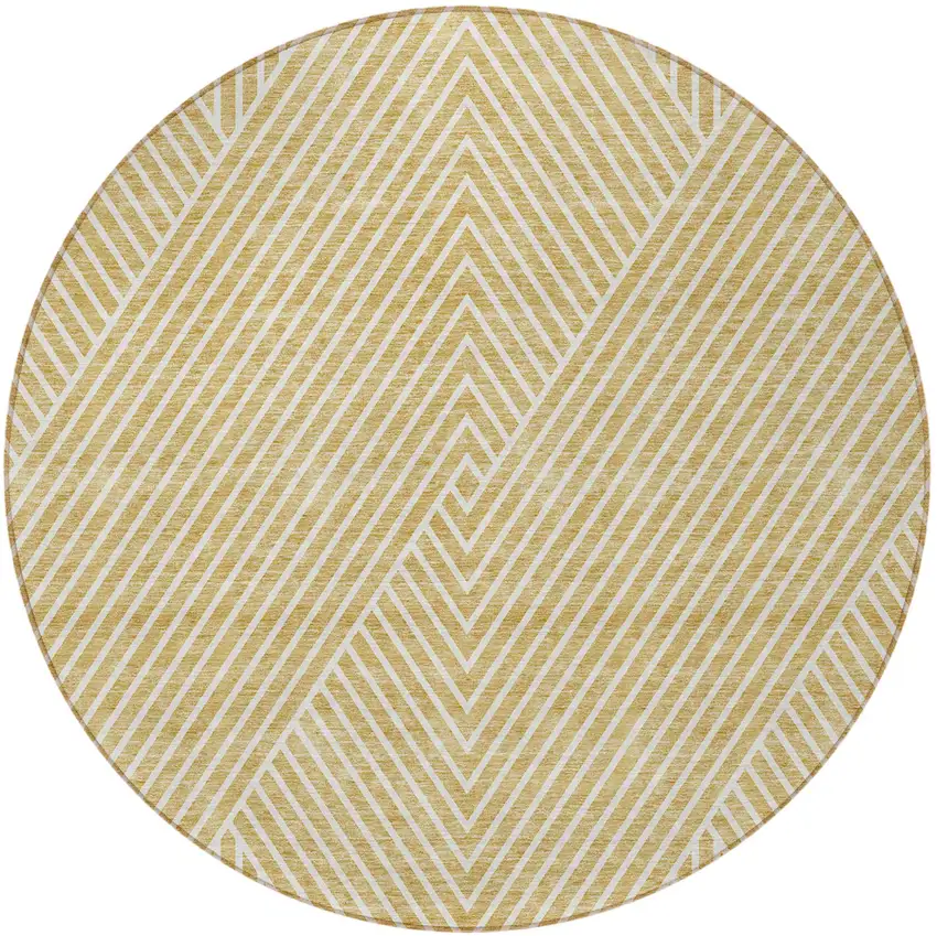 8' Gold And Ivory Round Geometric Washable Indoor Outdoor Area Rug Photo 5