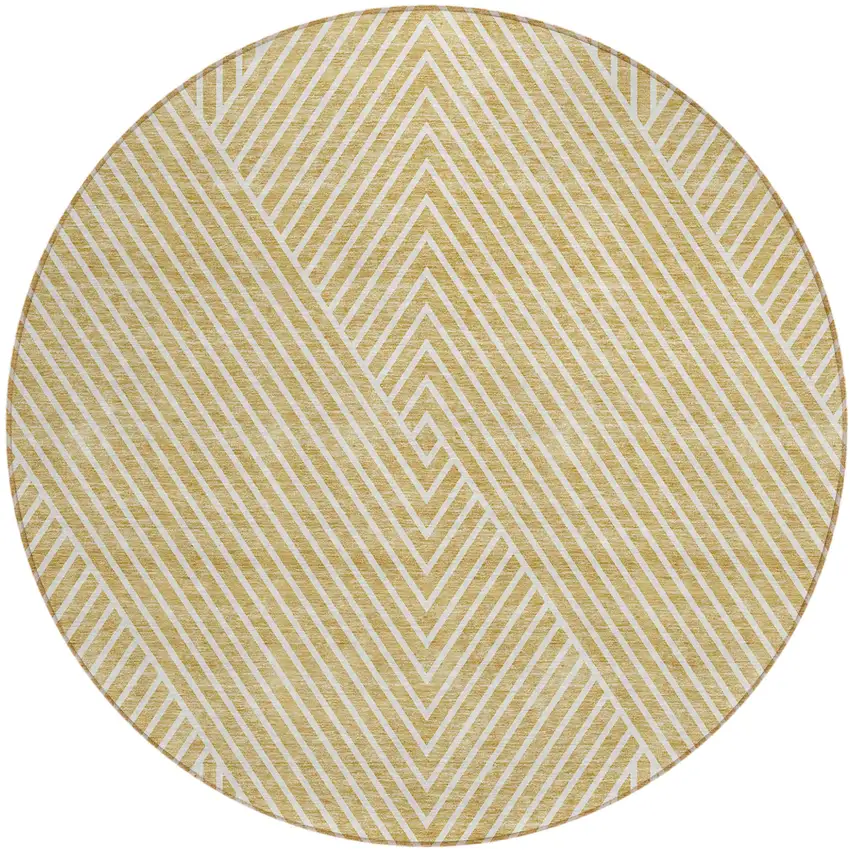8' Gold And Ivory Round Geometric Washable Indoor Outdoor Area Rug Photo 2