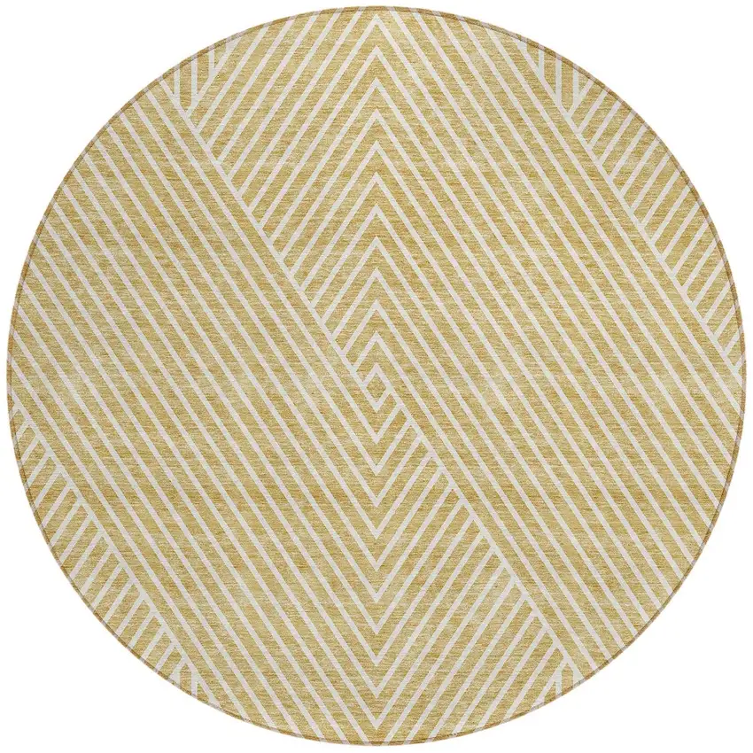 8' Gold And Ivory Round Geometric Washable Indoor Outdoor Area Rug Photo 4