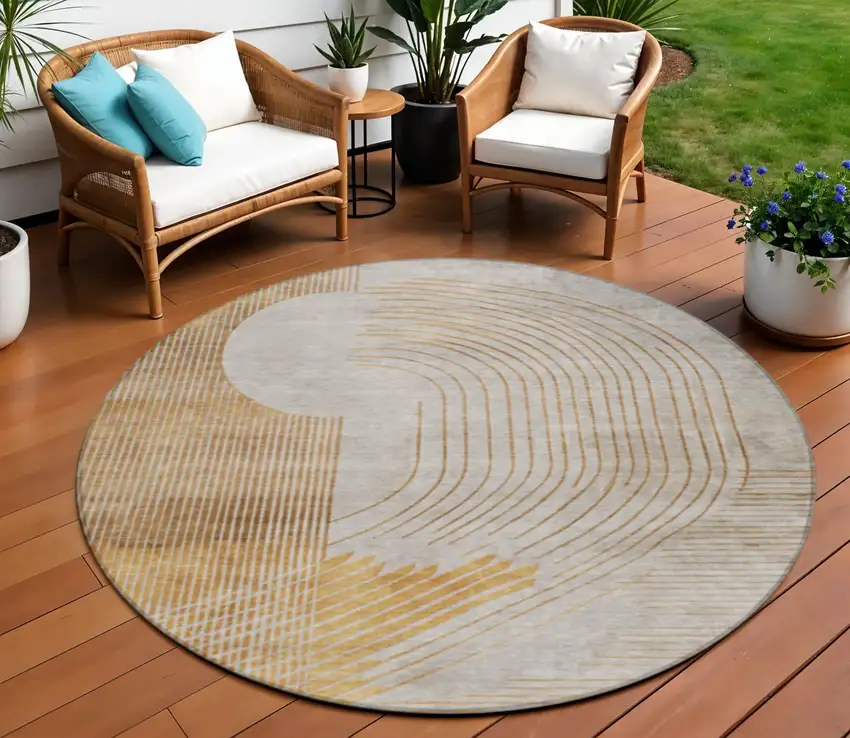 8' Gold And Ivory Round Geometric Washable Indoor Outdoor Area Rug Photo 2