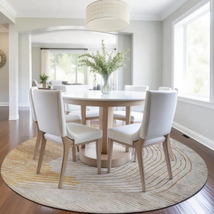 8' Gold And Ivory Round Geometric Washable Indoor Outdoor Area Rug Photo 7