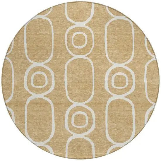 8' Gold And Ivory Round Geometric Washable Indoor Outdoor Area Rug Photo 4