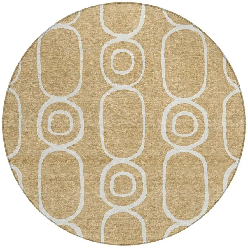 8' Gold And Ivory Round Geometric Washable Indoor Outdoor Area Rug Photo 4
