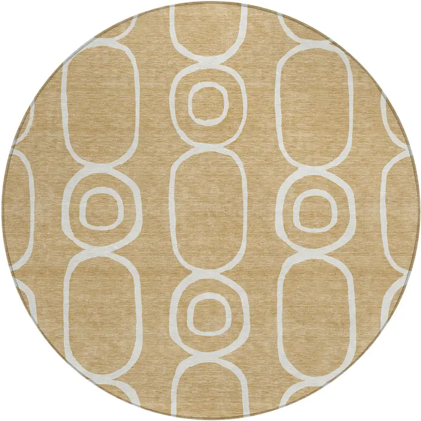 8' Gold And Ivory Round Geometric Washable Indoor Outdoor Area Rug Photo 2