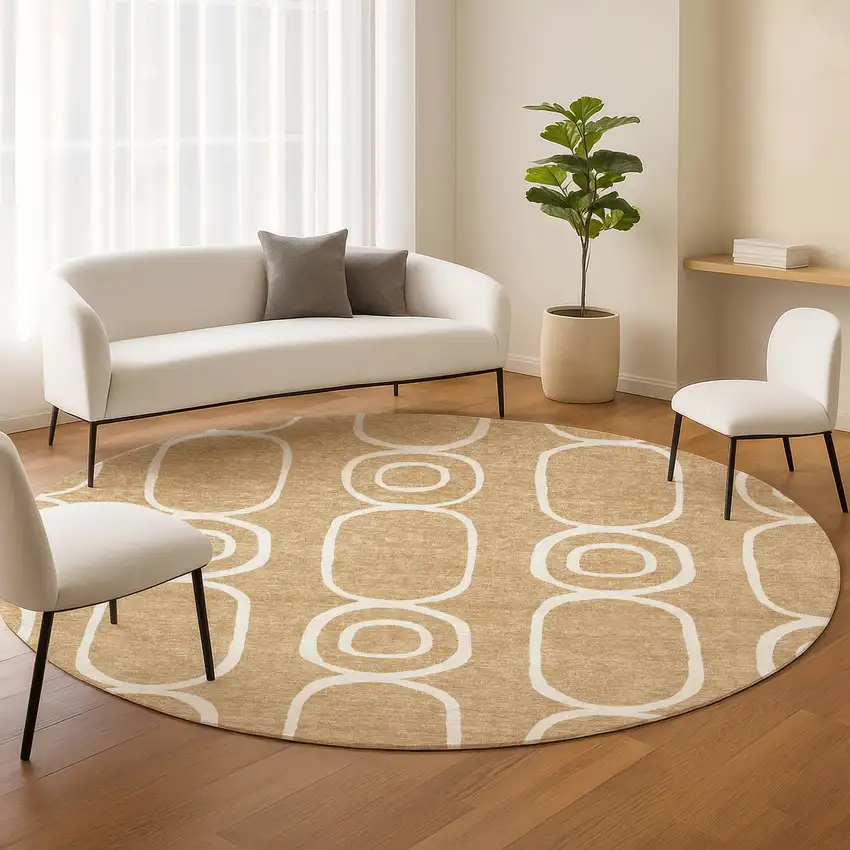 8' Gold And Ivory Round Geometric Washable Indoor Outdoor Area Rug Photo 8