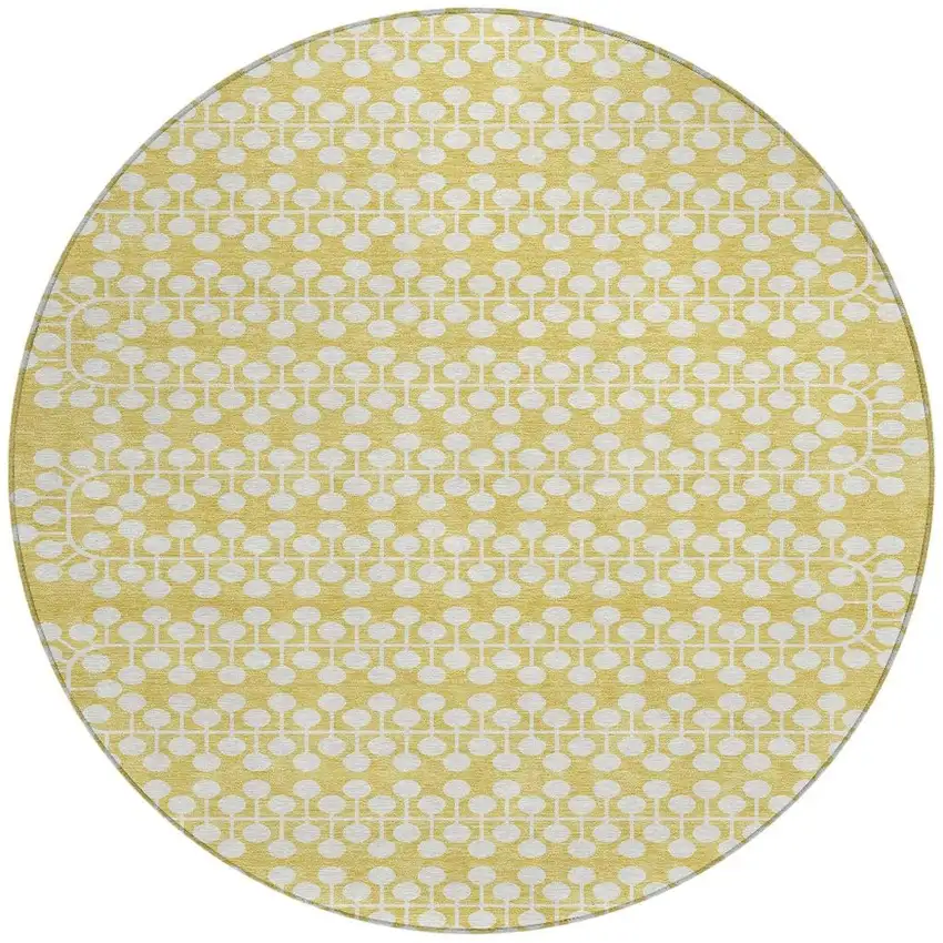 8' Gold And Ivory Round Geometric Washable Indoor Outdoor Area Rug Photo 4