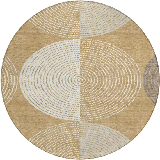 8' Gold And Ivory Round Geometric Washable Indoor Outdoor Area Rug Photo 2