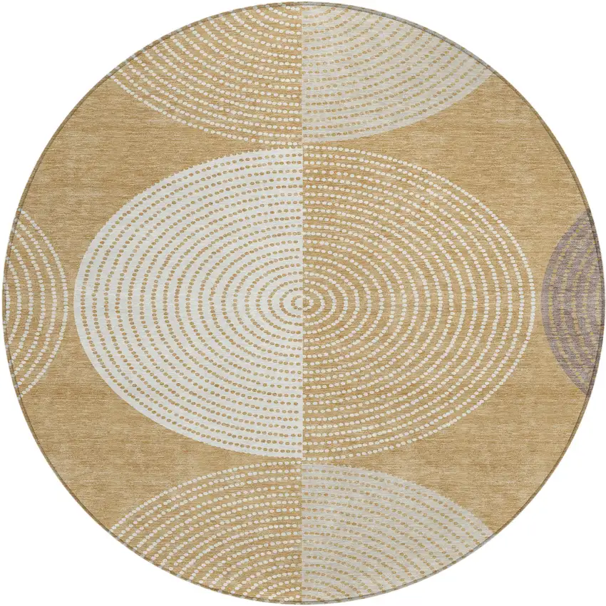 8' Gold And Ivory Round Geometric Washable Indoor Outdoor Area Rug Photo 2