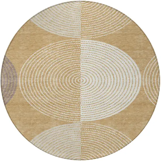 8' Gold And Ivory Round Geometric Washable Indoor Outdoor Area Rug Photo 4