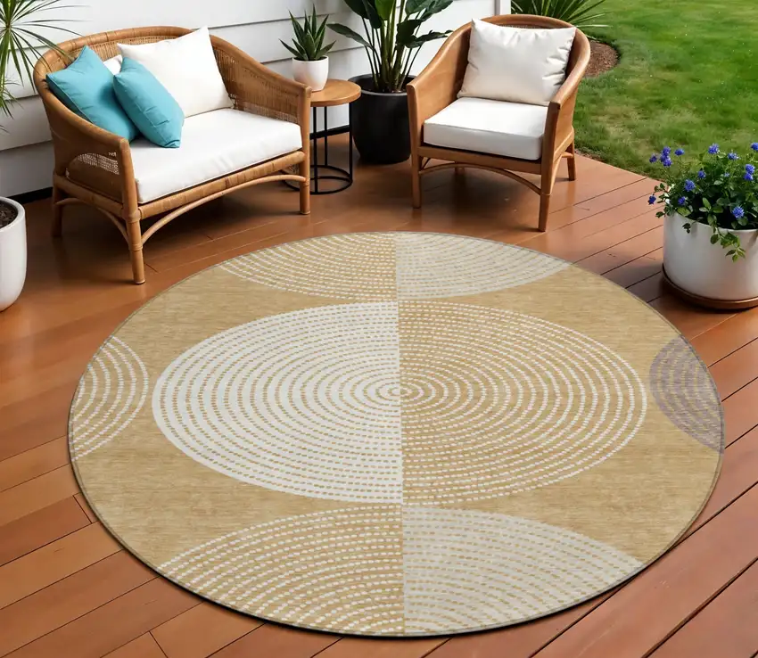 8' Gold And Ivory Round Geometric Washable Indoor Outdoor Area Rug Photo 1